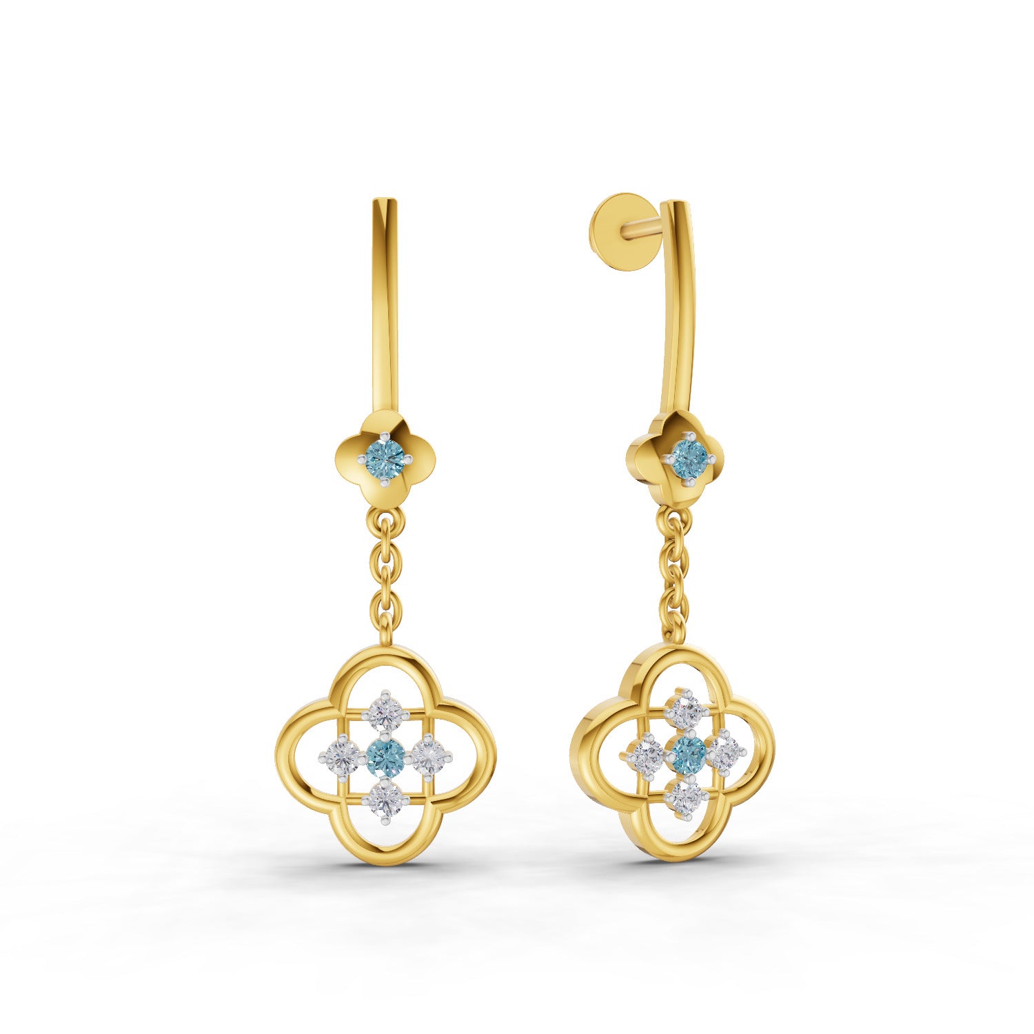 0.17 Carat Round Shape | 925 Sterling Silver Gold Plated Clover Dangle Stud Earrings