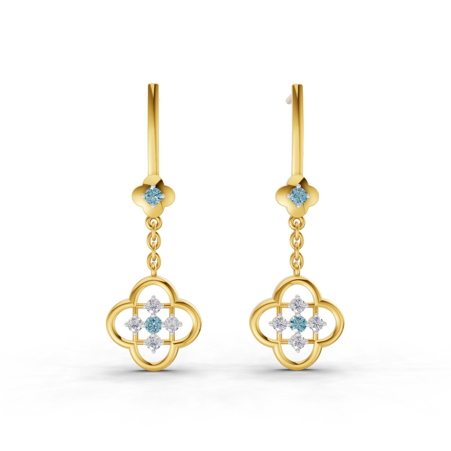 0.17 Carat Round Shape | 925 Sterling Silver Gold Plated Clover Dangle Stud Earrings