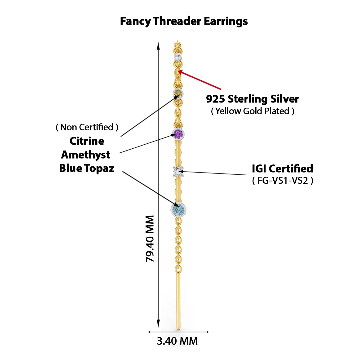0.07 Carat | 925 Sterling Silver Yellow Gold Plated Fancy Threader Earrings