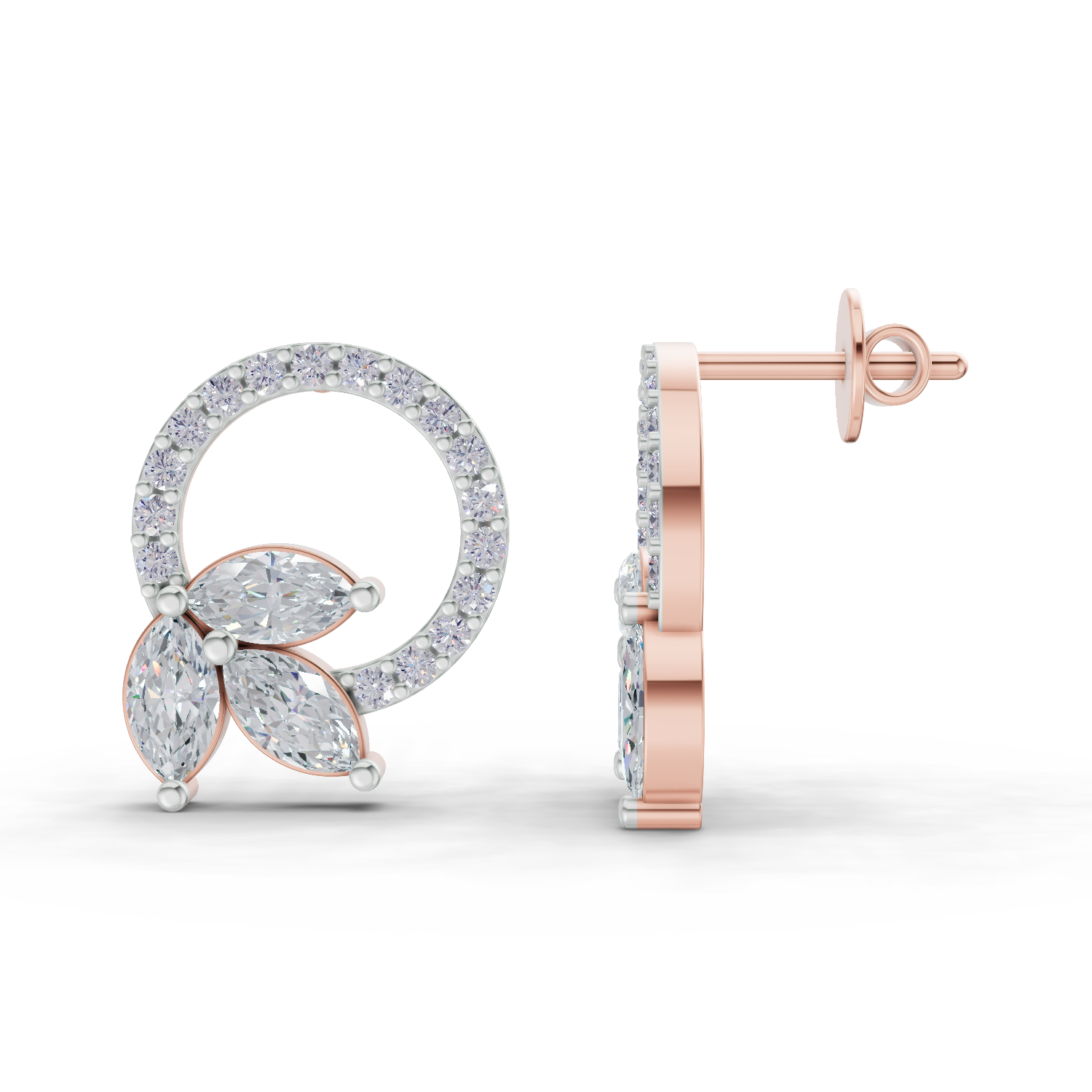 1.74 Carat Marquise Leaf Circle Studs Earrings | 14K Rose Gold