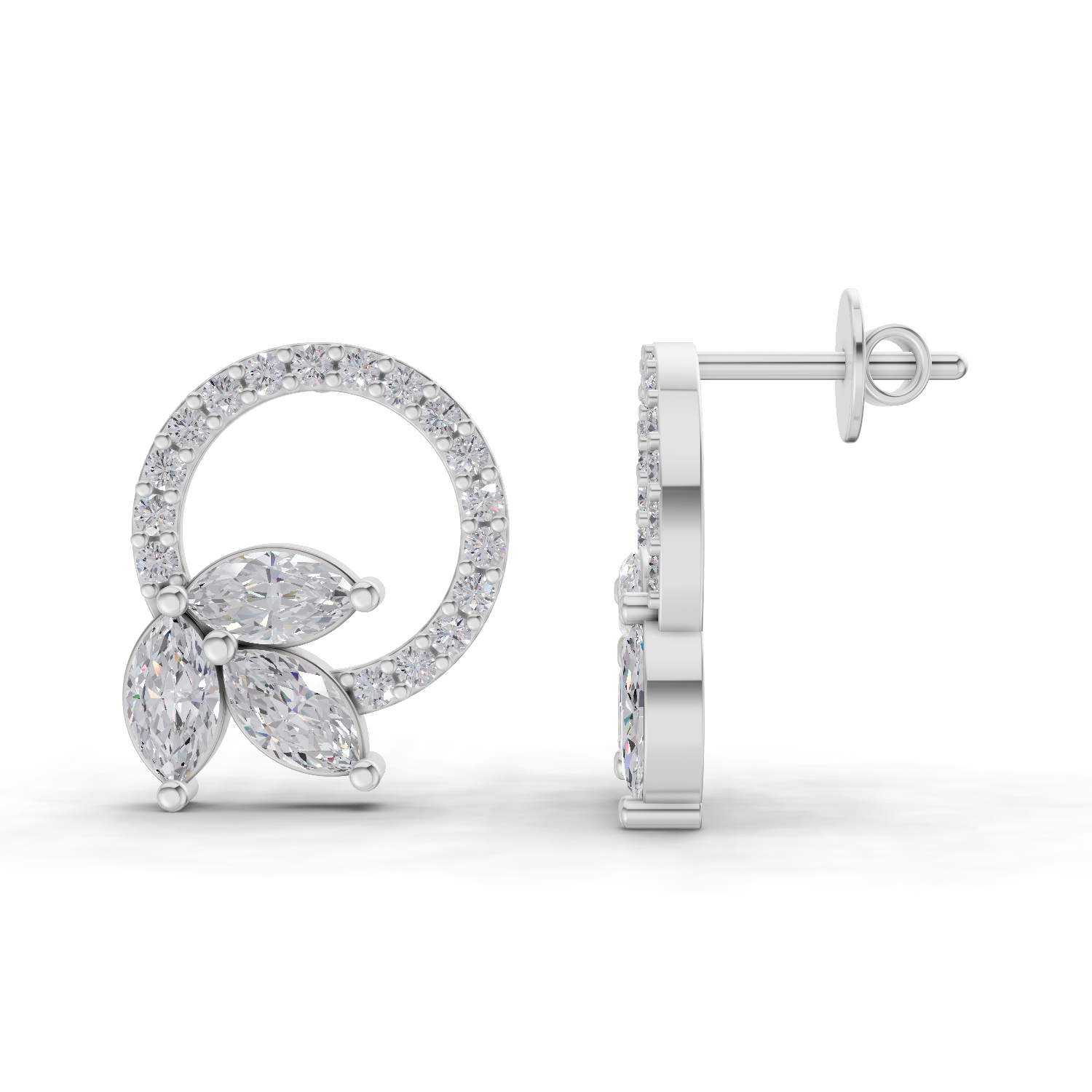 1.74 Carat Marquise Leaf Circle Studs Earrings | 14K White Gold