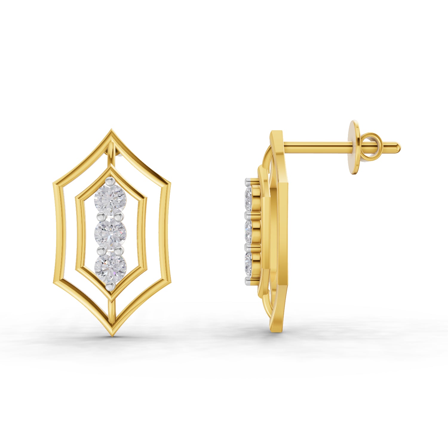 0.35 Carat | 925 Sterling Silver Gold Plated Three-Stone Diamond Stud Earrings