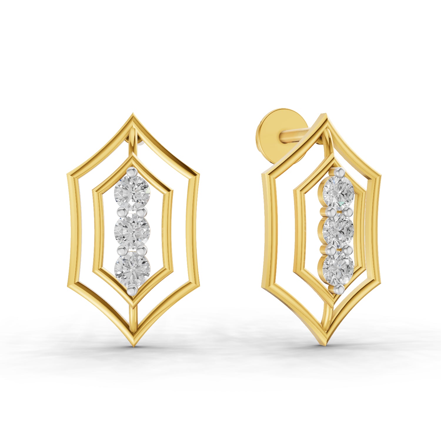 0.35 Carat | 925 Sterling Silver Gold Plated Three-Stone Diamond Stud Earrings