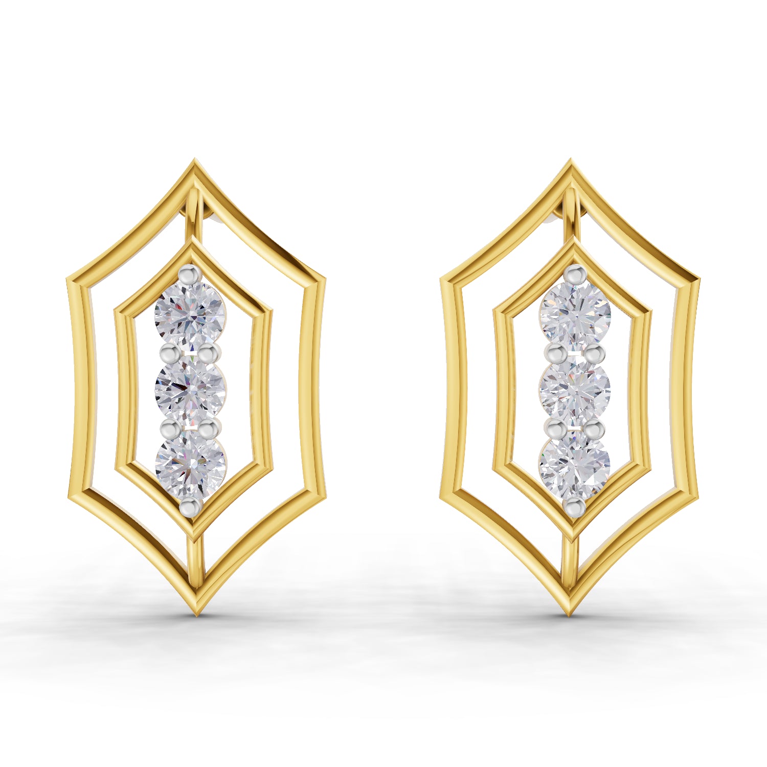 0.35 Carat | 925 Sterling Silver Gold Plated Three-Stone Diamond Stud Earrings