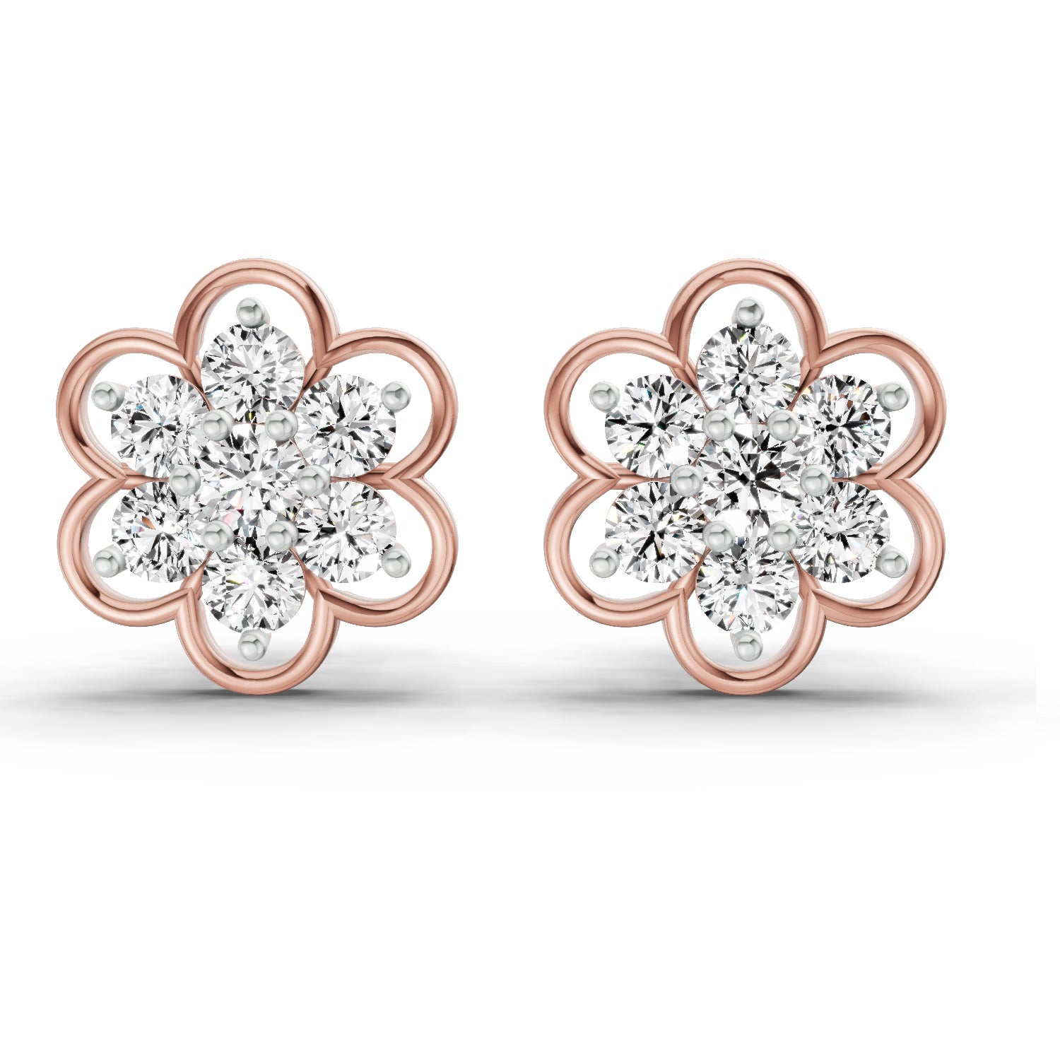 1.20 Ct Round Shape Floral Cluster Diamond Stud Earrings | 14K Rose Gold