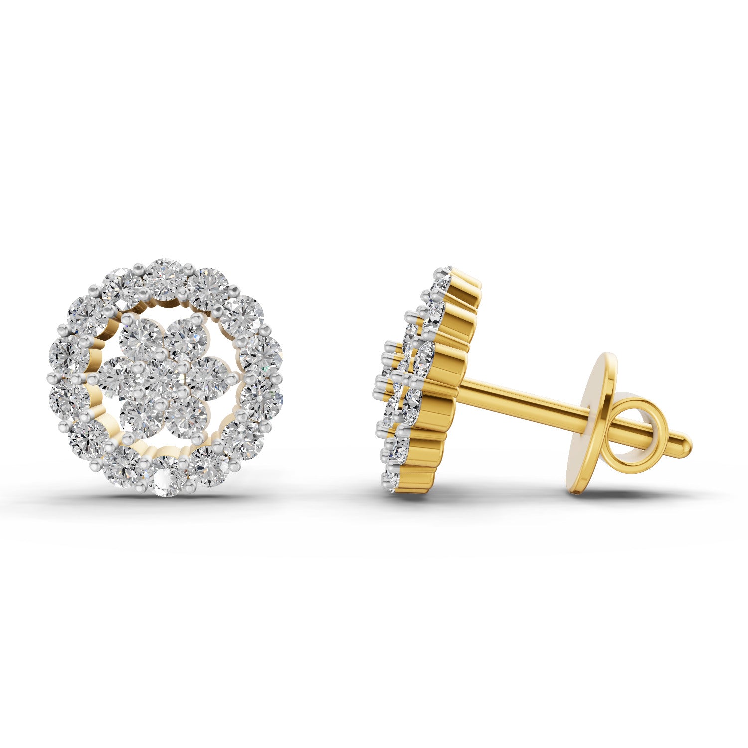 0.67 Ct  Round Shape Floral Cluster Diamond Stud Earrings | 14K Yellow Gold