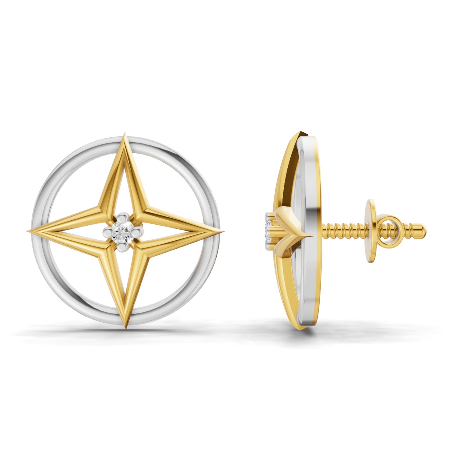 0.02 Carat  | 925 Sterling Silver Yellow Gold Plated Compass Rose Earrings