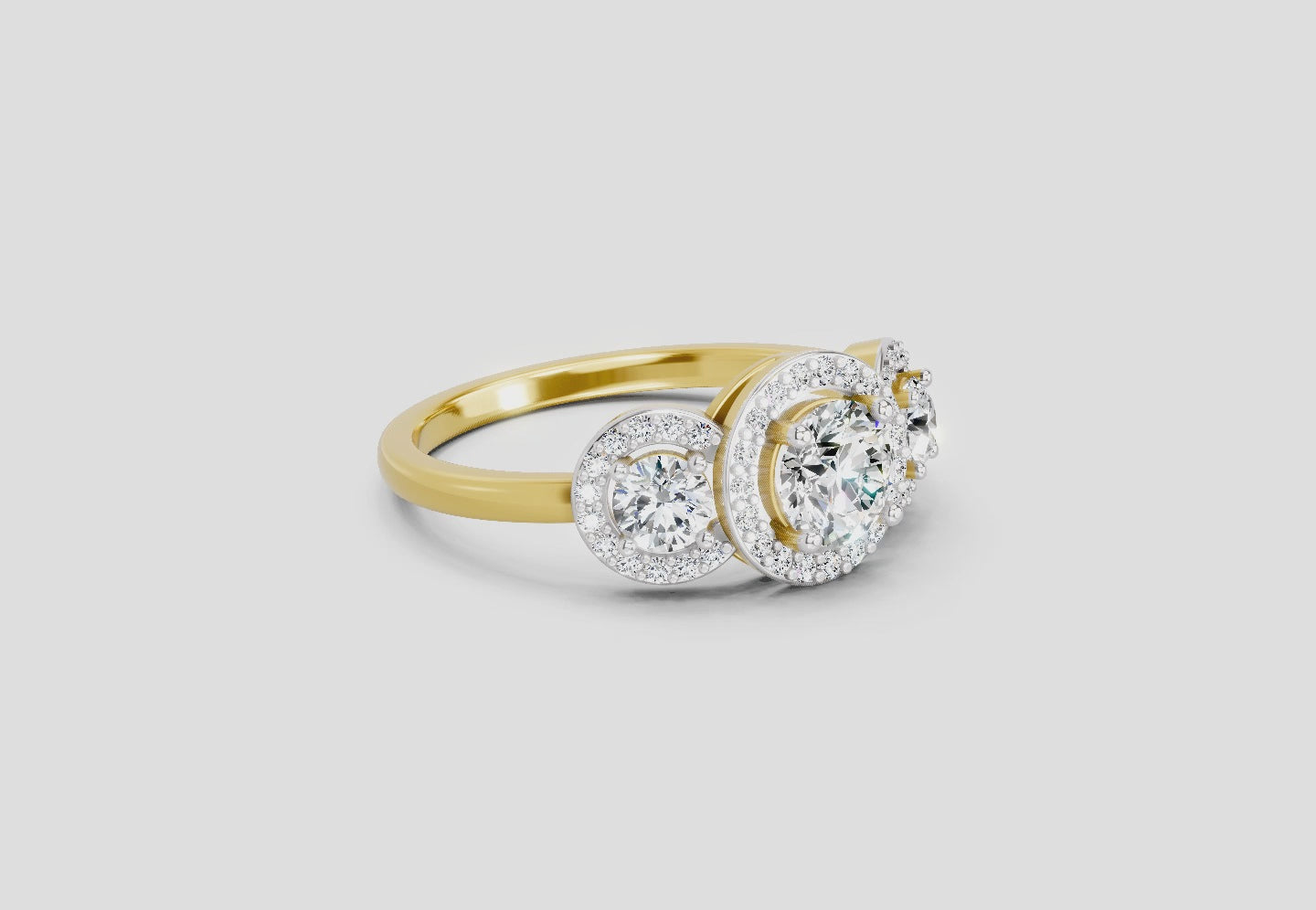 Load video: 1.01 Ct Round 3 Stone Halo Diamond Ring | 14K Yellow Gold