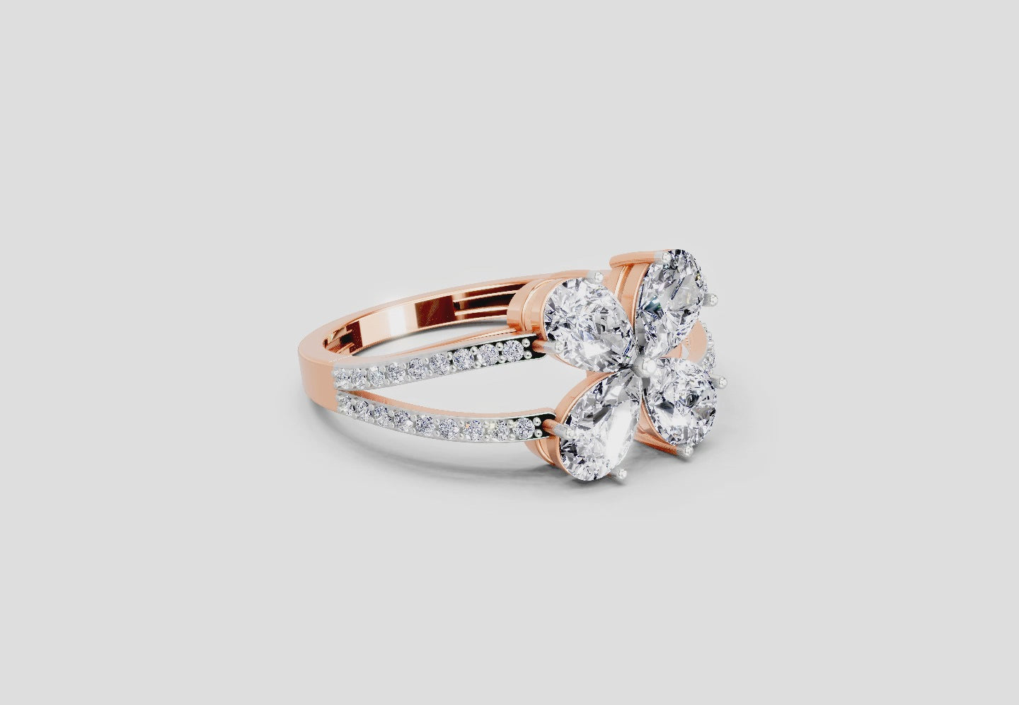 Load video: 1.38 Ct Pear Shape Diamond Clover Ring | 14K Rose Gold