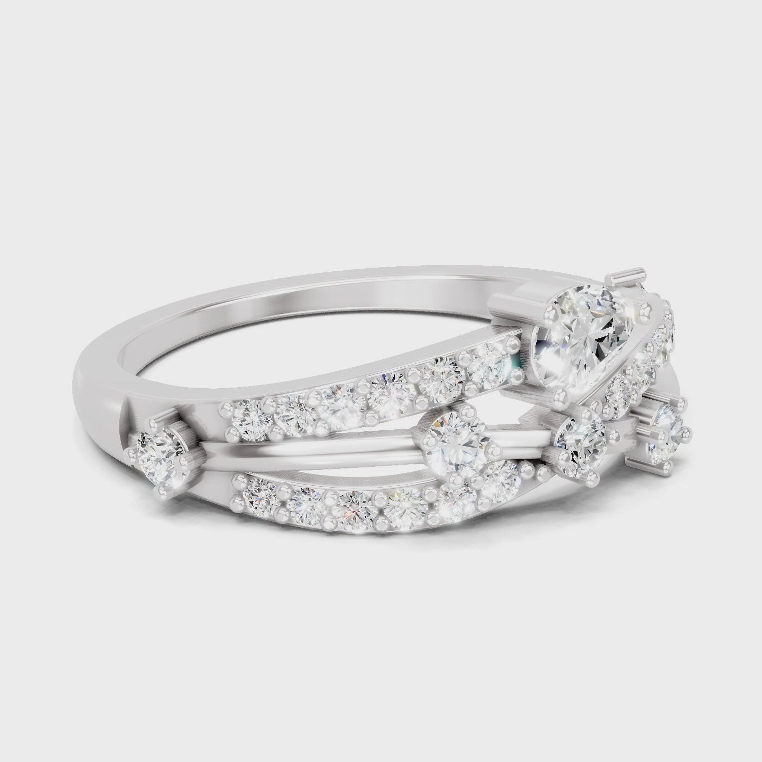 Load video: 0.58 Carat Pear &amp; Round Shape Diamond Multi-Row Bypass Ring | 14K White Gold