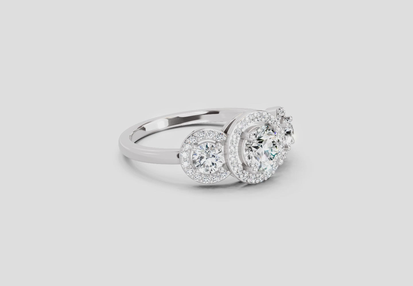 Load video: 1.01 Ct Round 3 Stone Halo Diamond Ring | 14K White Gold