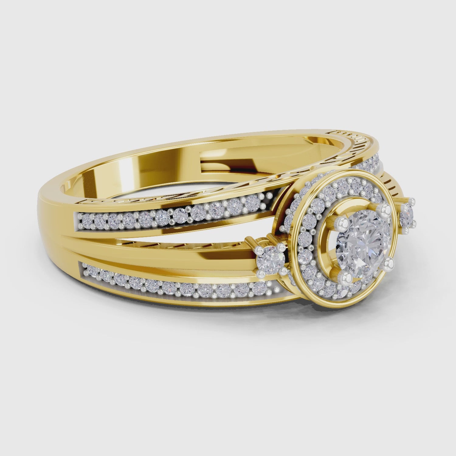 Load video: 0.6 Carat Round Shape Circle Halo Engagement Ring | 14K Yellow Gold