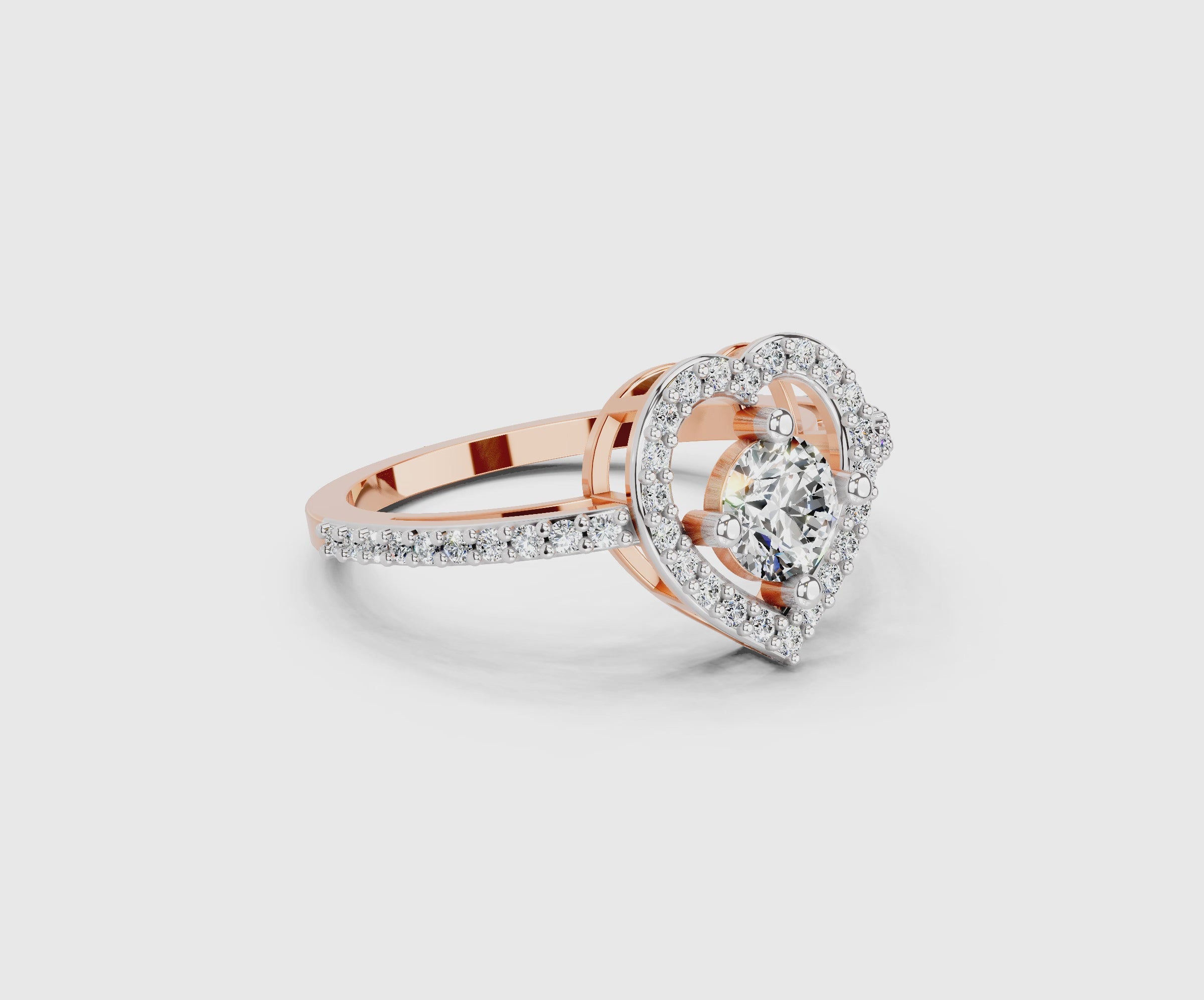Load video: 0.84 Ct Round Halo Heart Ring | 14K Rose Gold