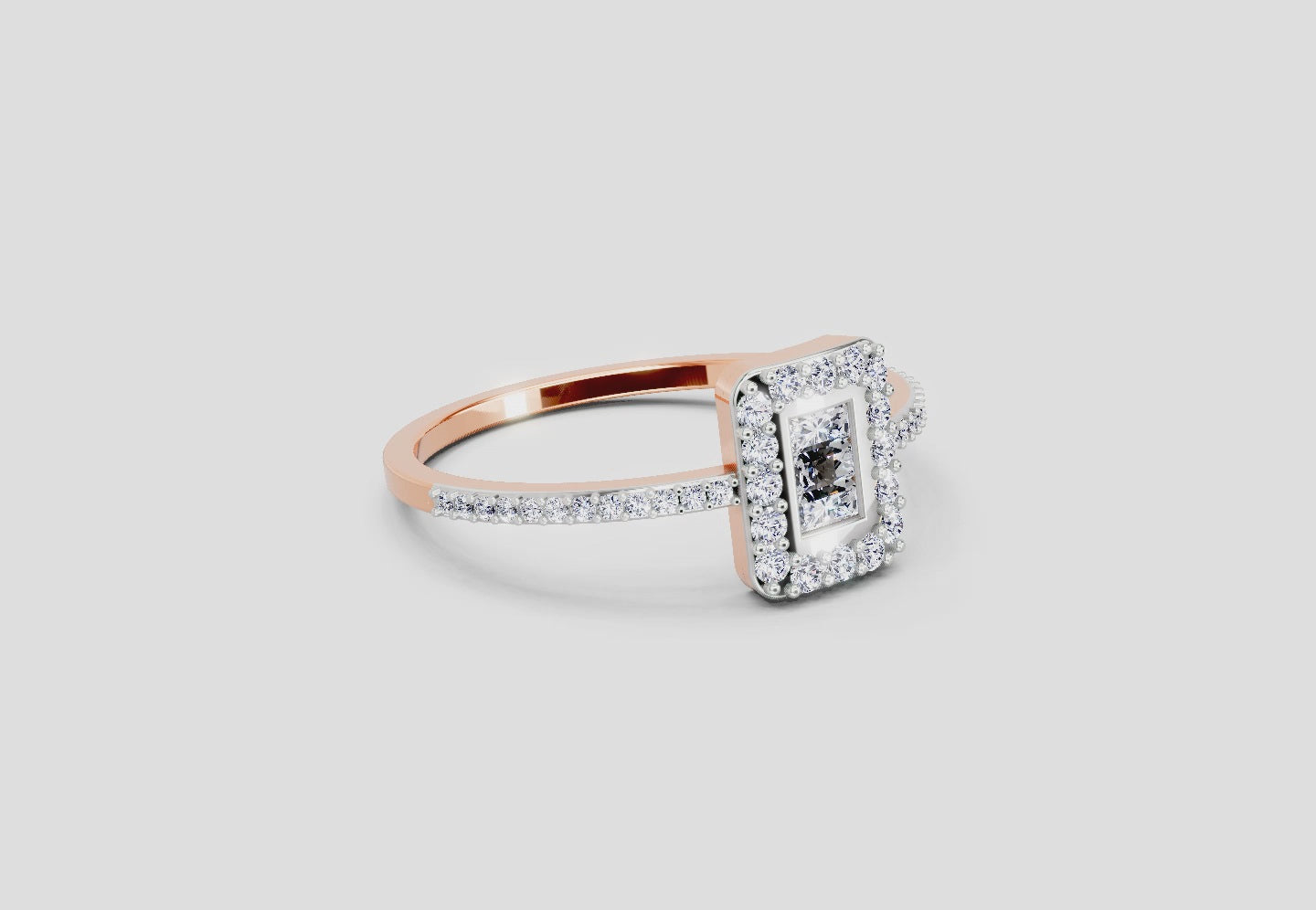 Load video: 0.42 Ct Baguette Shape Halo Diamond Ring | 14K Rose Gold