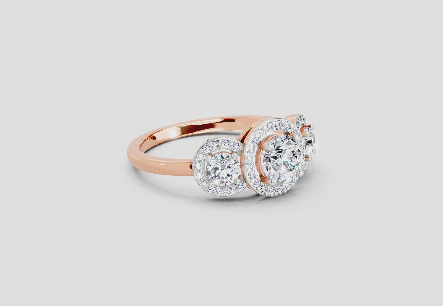 Load video: 1.01 Ct Round 3 Stone Halo Diamond Ring | 14K Rose Gold