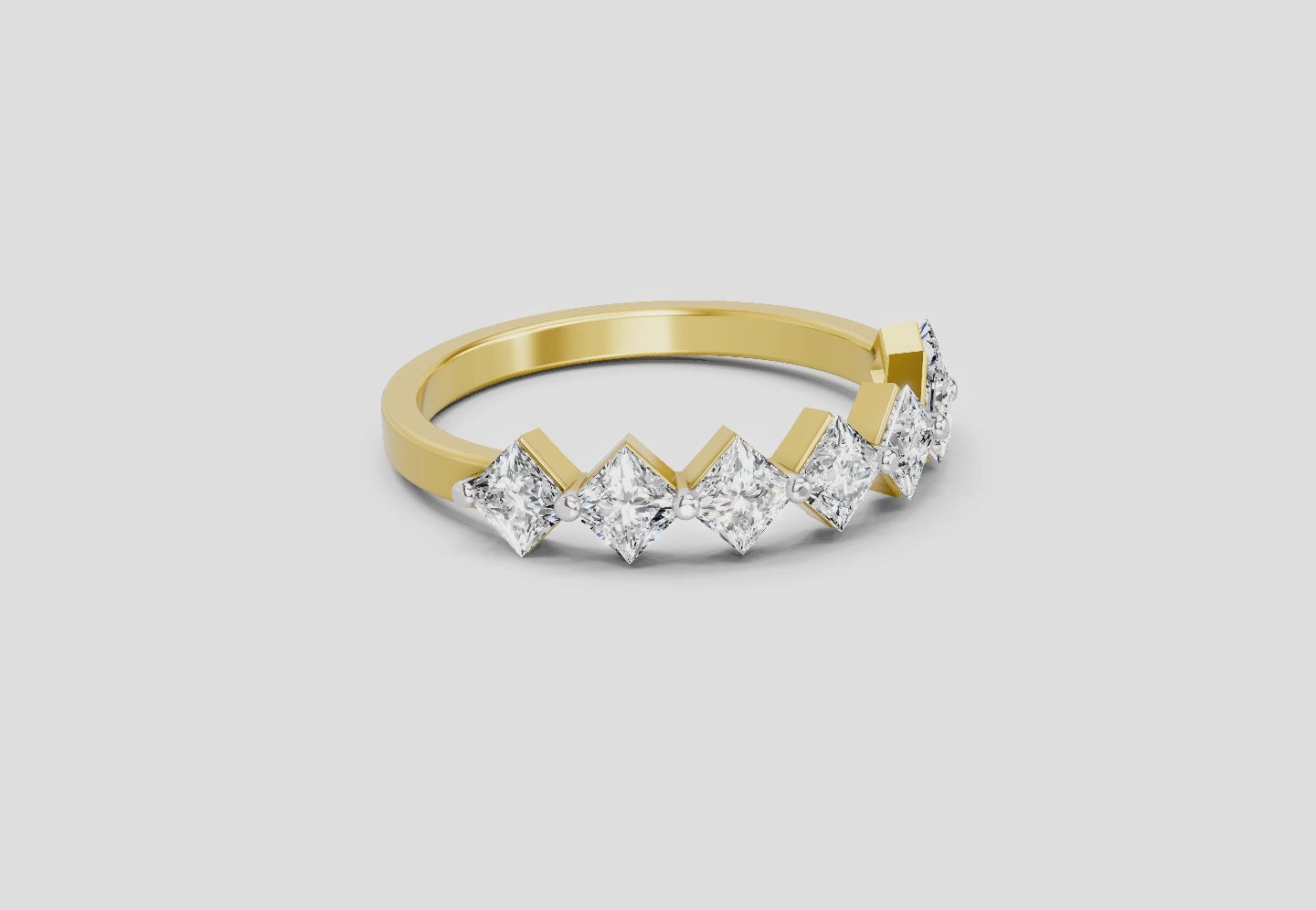 Load video: 0.63 Ct Princess Shape 7 Stone Diamond Band Ring | 14K Yellow Gold