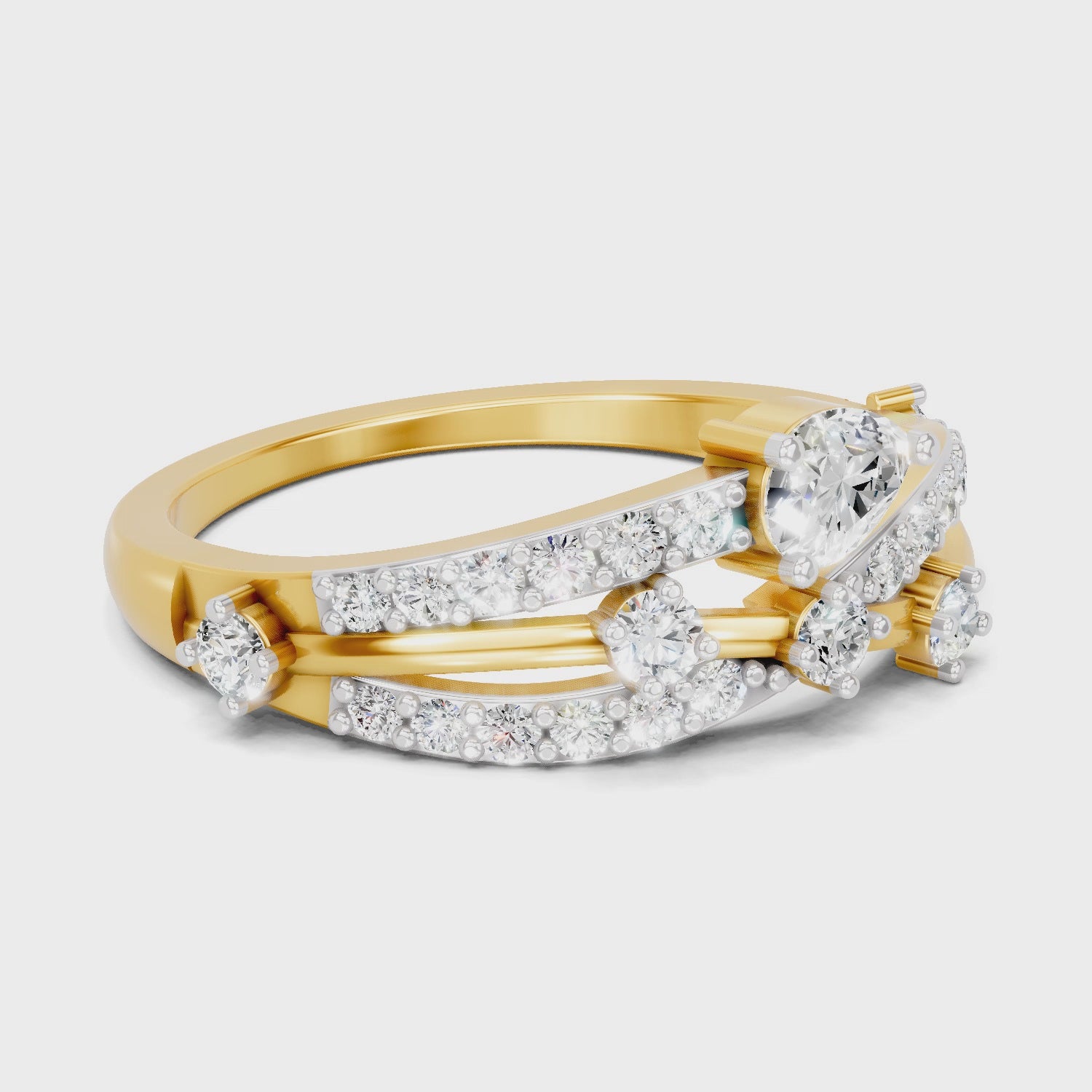 Load video: 0.58 Carat Pear &amp; Round Shape Diamond Multi-Row Bypass Ring | 14K Yellow Gold
