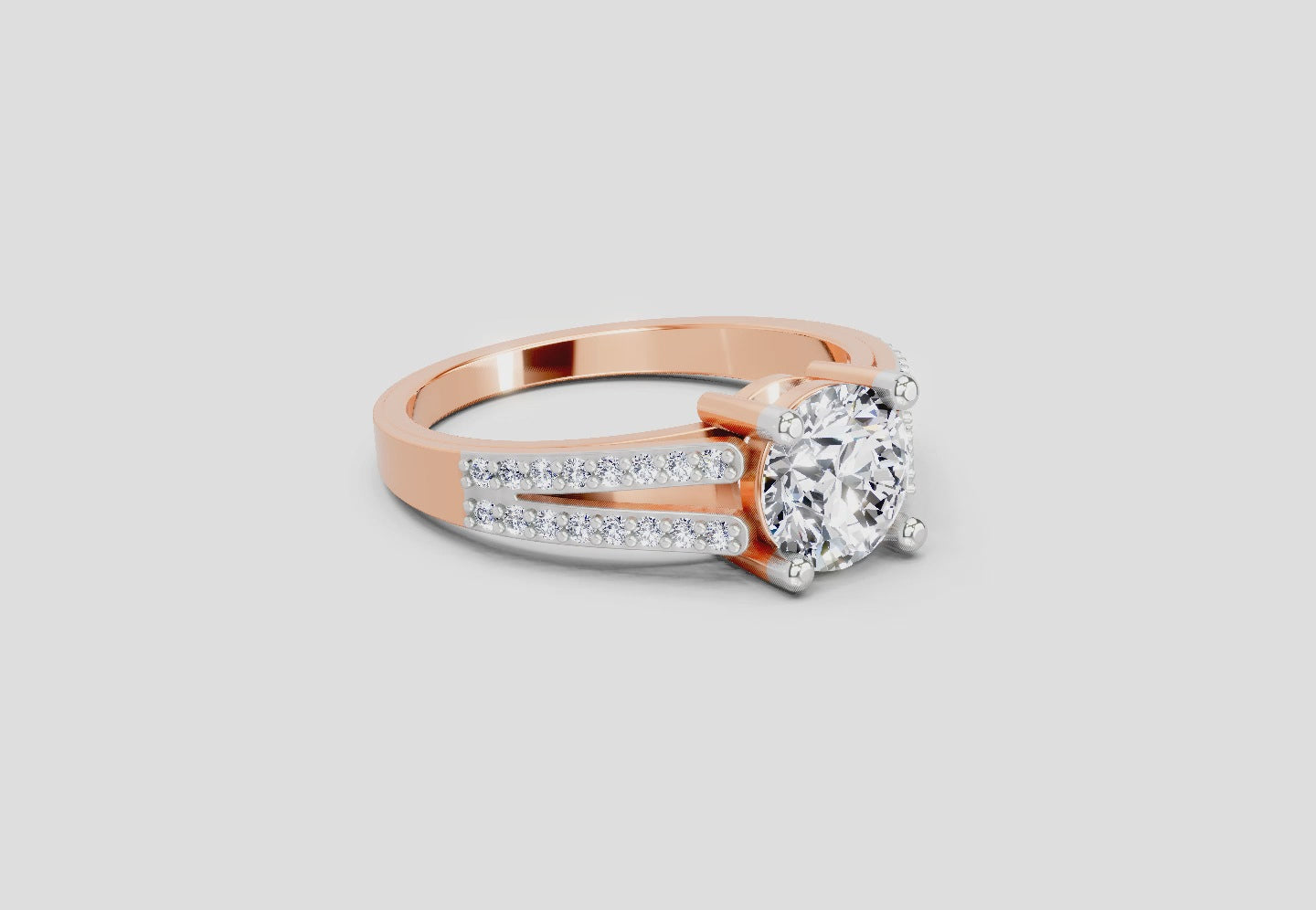 Load video: 1.19 Ct Round Halo Split Shank Diamond Ring | 14K Rose Gold